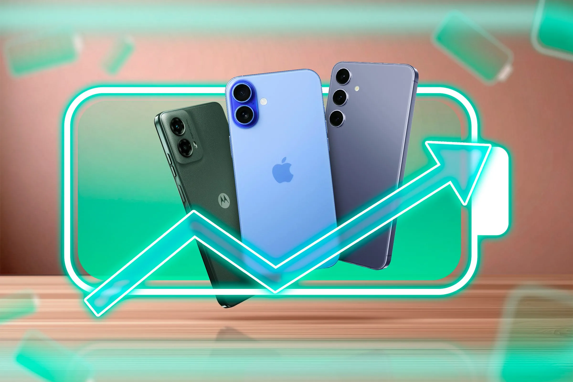 Hình ảnh một số mẫu smartphone với biểu tượng pin lớn và mũi tên chỉ sự cải thiện, minh họa mong muốn về thời lượng pin bền bỉ.