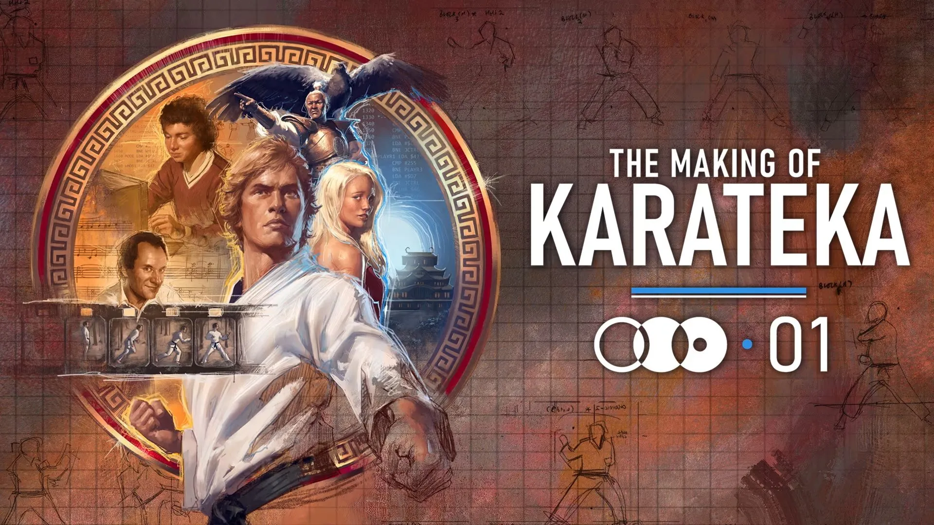 Hình ảnh nghệ thuật chính của The Making of Karateka, tập trung vào thiết kế nhân vật và phong cách võ thuật cổ điển.