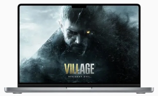 Hình ảnh quảng bá game Resident Evil Village chạy trên MacBook, thể hiện khả năng của Metal API trong gaming hiện đại.