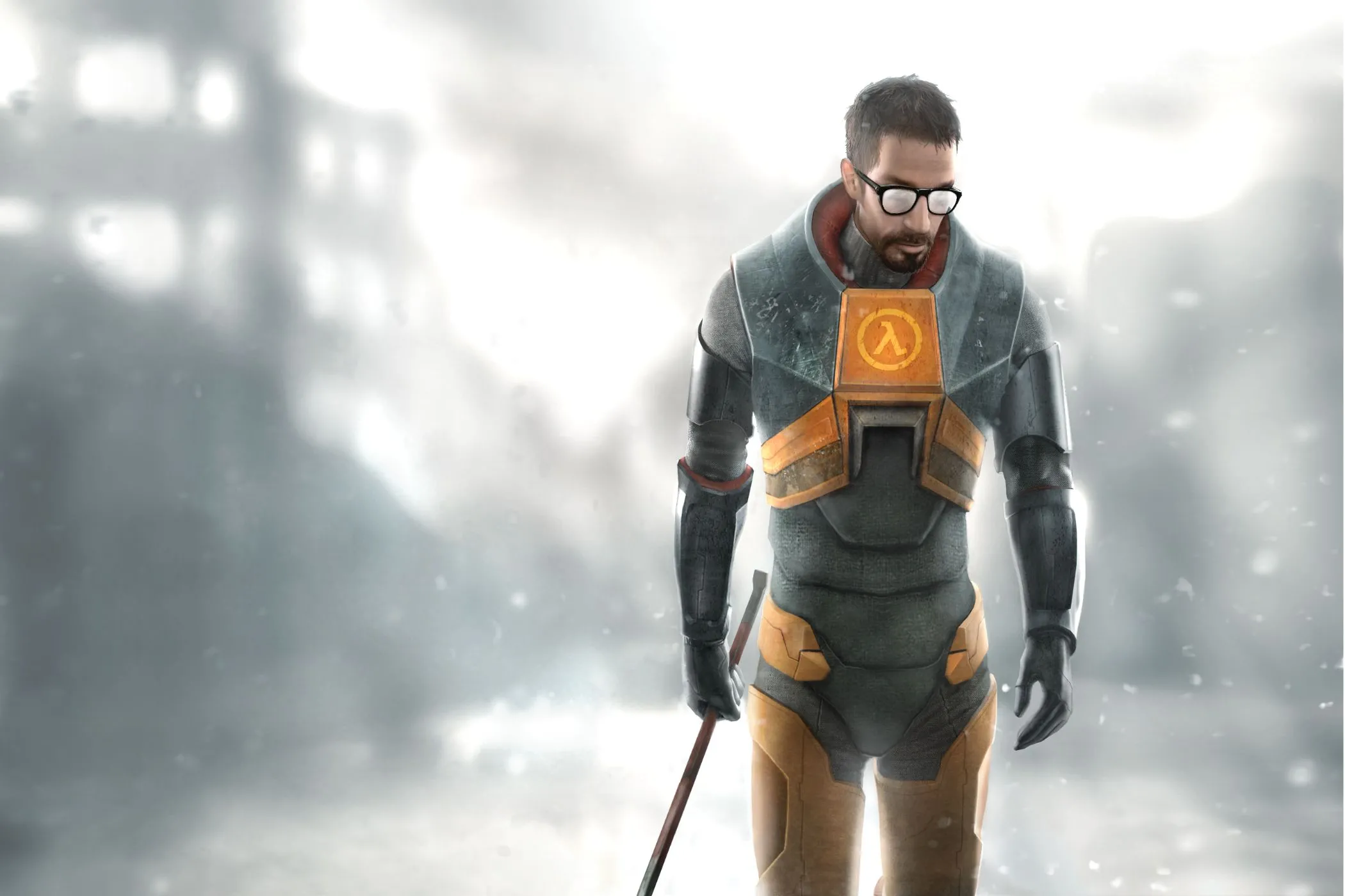 Hình ảnh quảng bá Half-Life 2 với Gordon Freeman và cây xà beng đặc trưng, biểu tượng của sự tự chủ trong phát triển game của Valve.