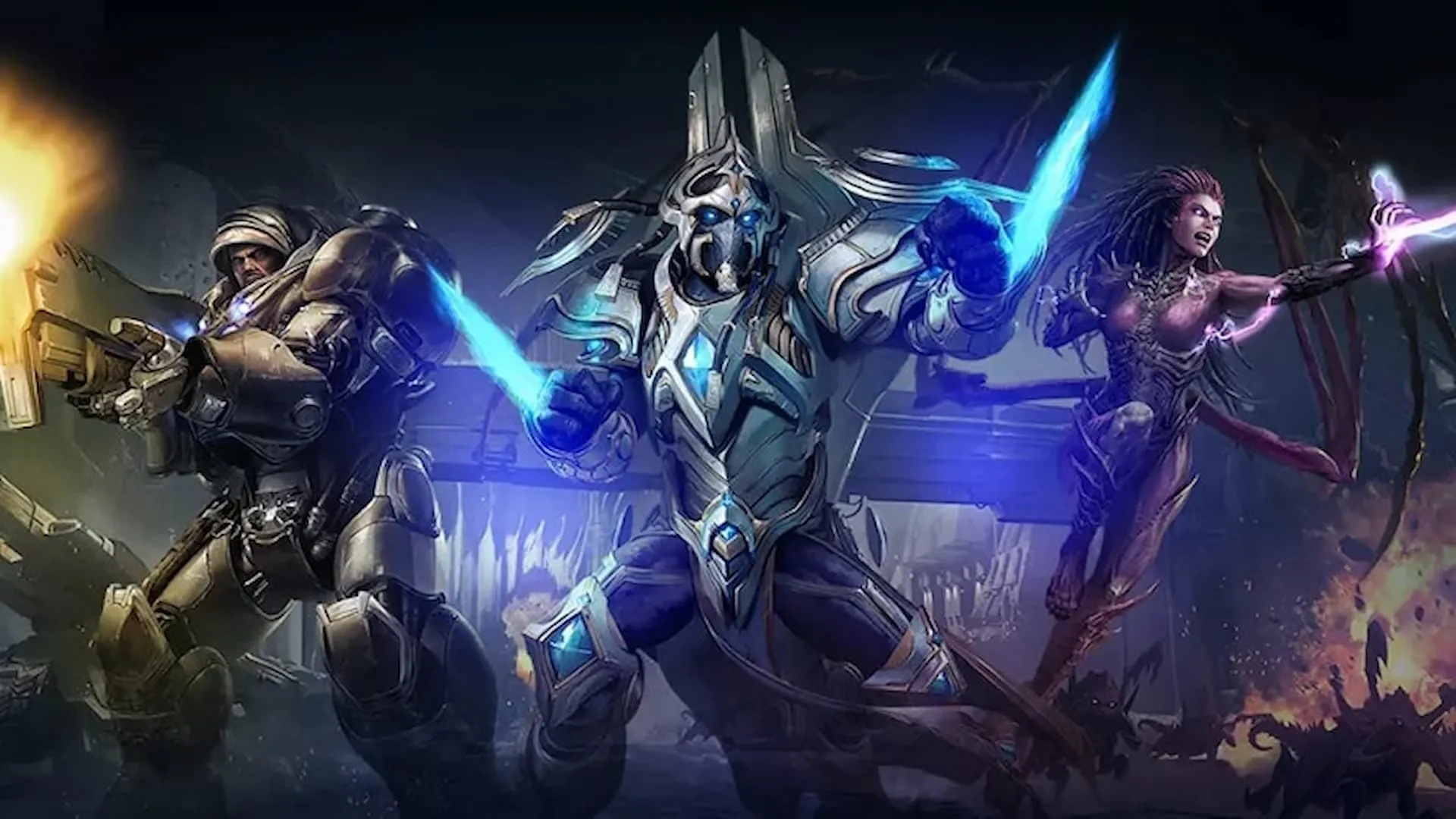 Hình ảnh quảng bá StarCraft II Remastered với ba nhân vật biểu tượng.