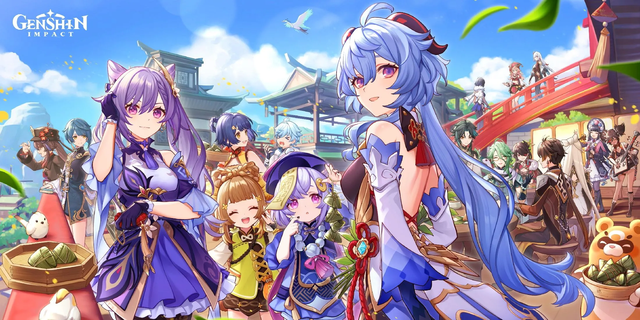 Hình ảnh quảng bá với các nhân vật từ Liyue trong Genshin Impact, minh họa thành công của một tựa game F2P biết cân bằng giữa tầm nhìn và cộng đồng.