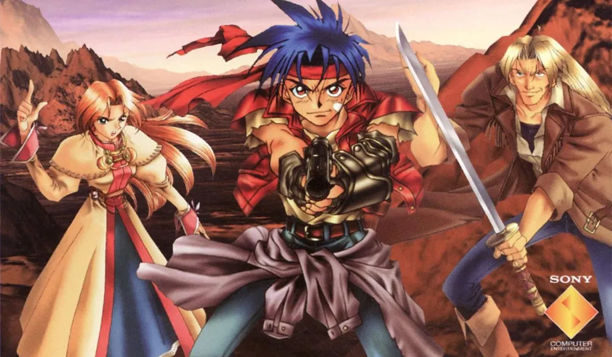 Hình ảnh quảng cáo ba nhân vật chính của Wild Arms, JRPG bối cảnh miền Tây.