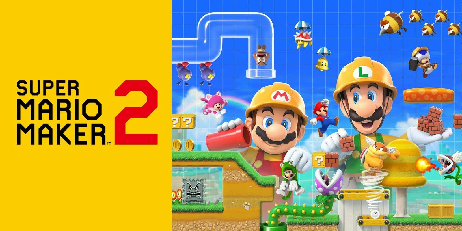 Hình ảnh quảng cáo Super Mario Maker 2 với Mario và Luigi trong trang phục thợ xây, minh họa tiềm năng điều khiển chính xác hơn bằng chuột trong Mario Maker 3.