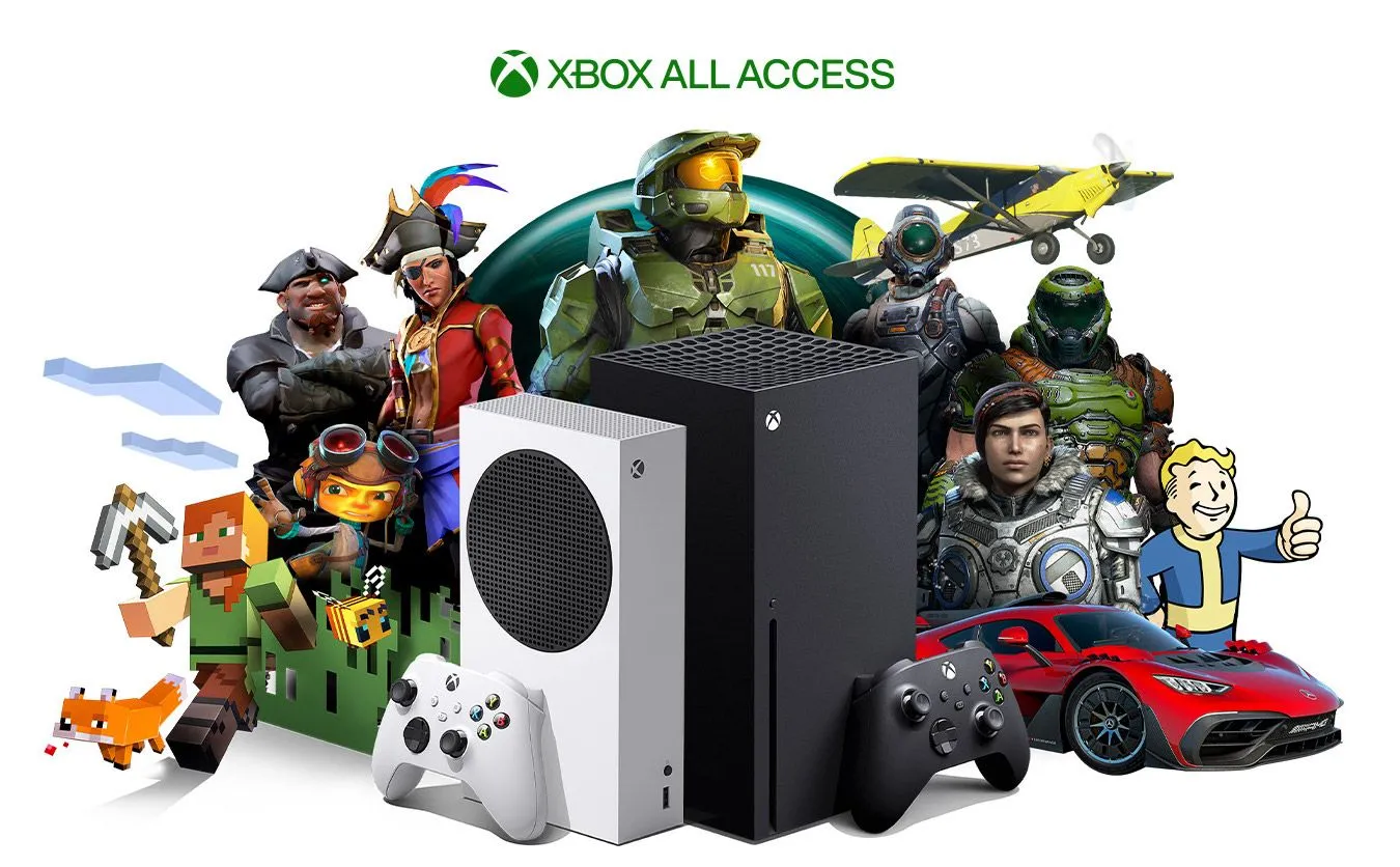 Hình ảnh quảng cáo Xbox Game Pass với các tựa game đình đám như Halo, Minecraft, Doom và Fallout