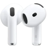 Hình ảnh tai nghe Apple AirPods 4 và hộp sạc màu trắng, minh họa chương trình giảm giá hấp dẫn.