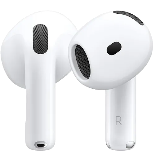 Hình ảnh tai nghe Apple AirPods 4 và hộp sạc màu trắng, minh họa chương trình giảm giá hấp dẫn.