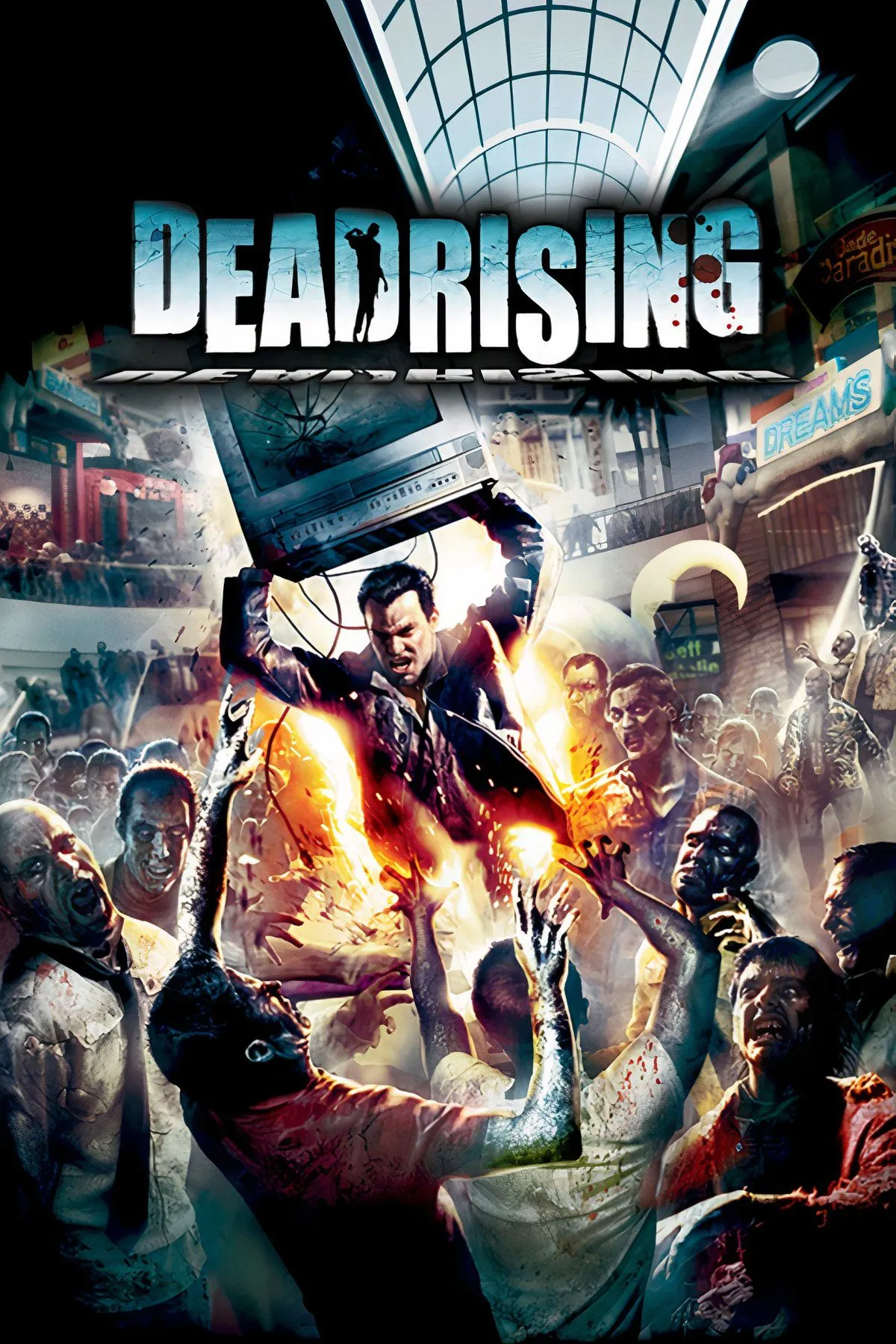 Hình ảnh tổng hợp từ game Dead Rising, cho thấy nhân vật chính sử dụng các vật phẩm trong trung tâm thương mại để chống lại zombie, thể hiện sự kết hợp giữa kinh dị và hài hước.
