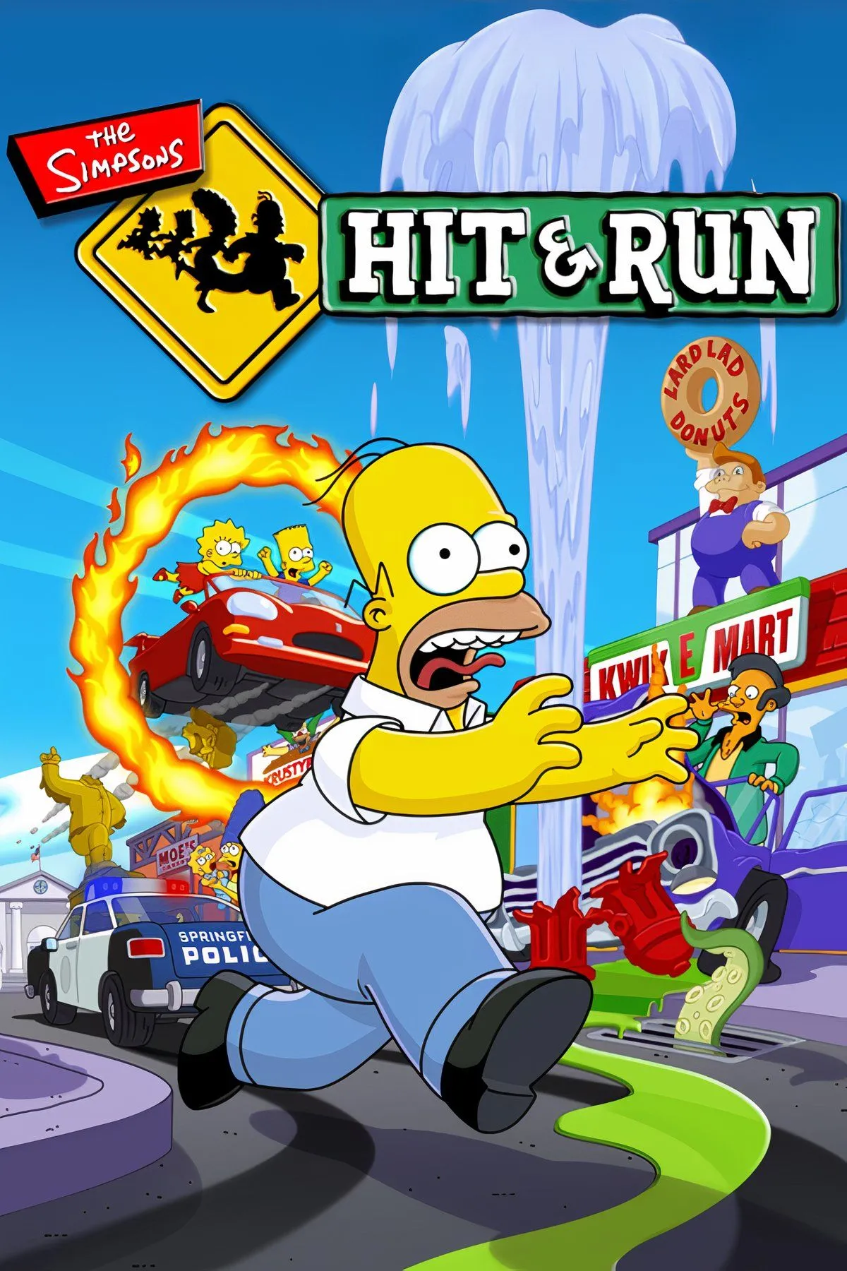 Homer Simpson đang lái xe và gây hỗn loạn trong thị trấn Springfield trong trò chơi The Simpsons Hit &amp; Run