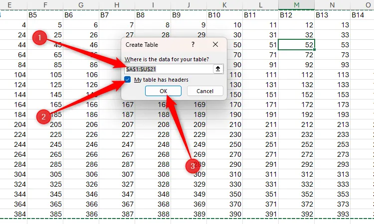 Hộp thoại &quot;Create Table&quot; trong Excel, hiển thị trường nguồn dữ liệu, tùy chọn &quot;My Table Has Headers&quot; và nút &quot;OK&quot; được chọn.