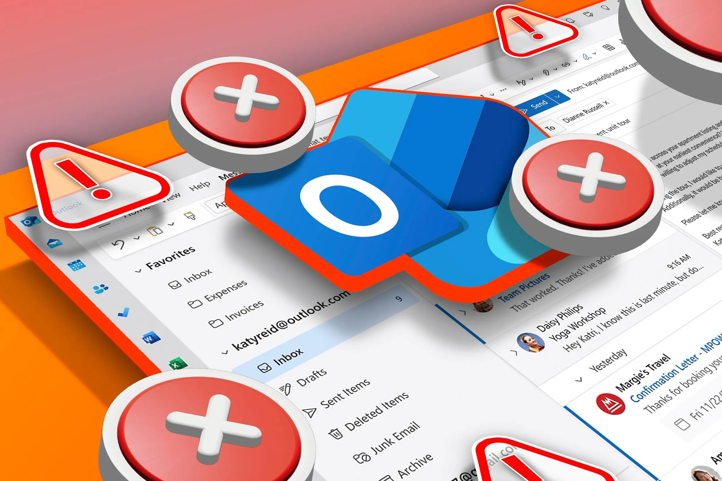 Hộp thư đến Outlook với logo mới và các biểu tượng cảnh báo lỗi