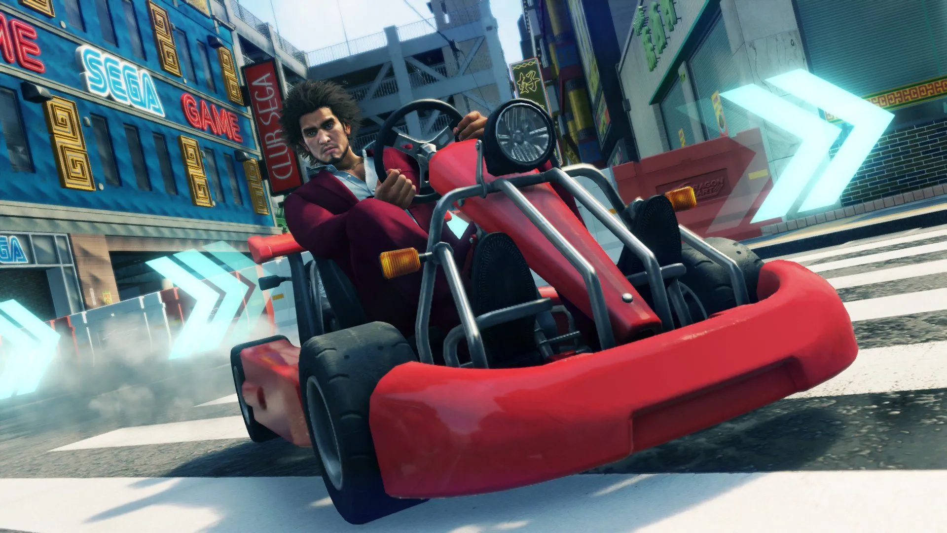 Ichiban đang drift xe Dragon Kart trên đường đua trong Yakuza: Like A Dragon