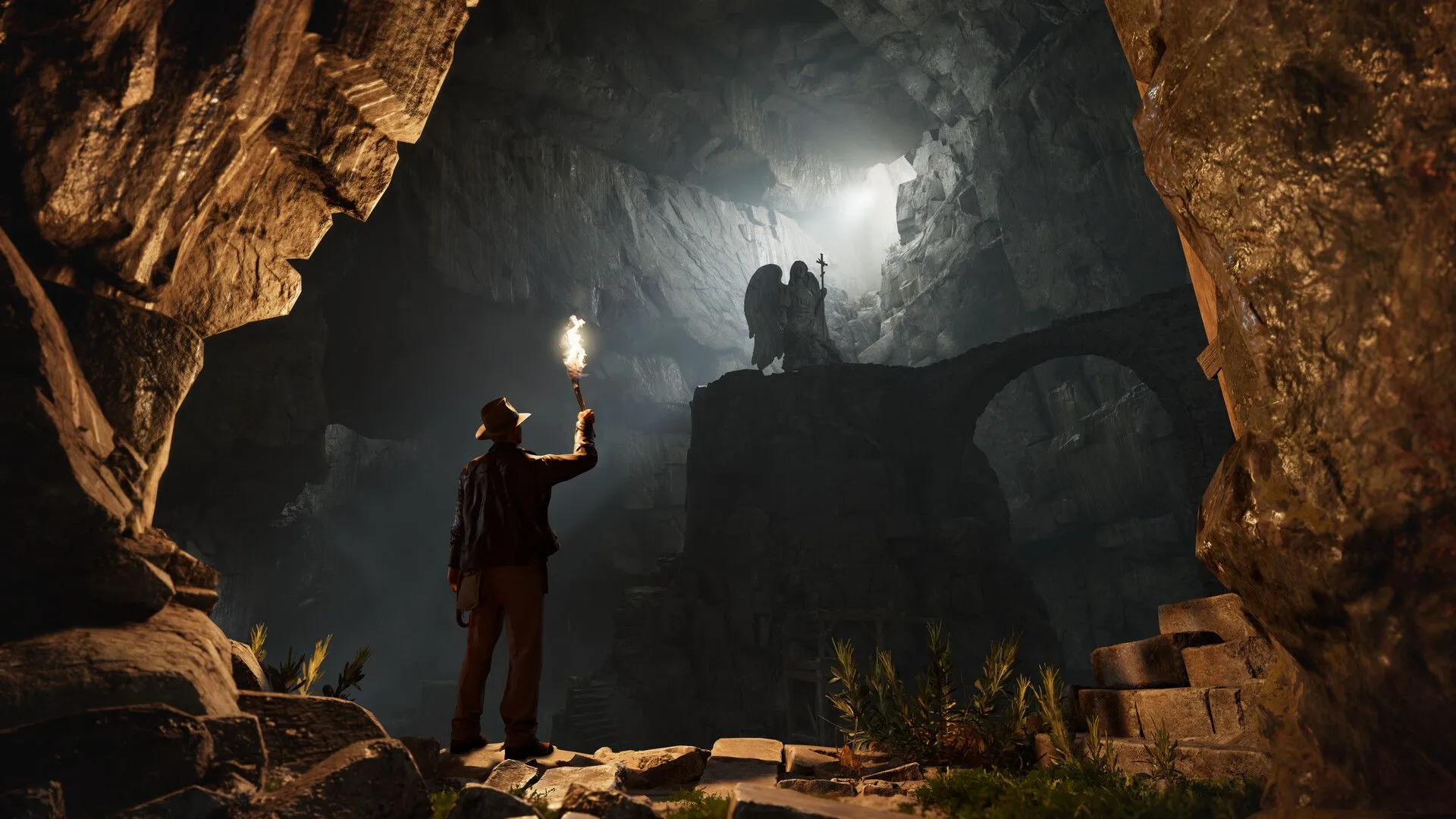 Indiana Jones khám phá ngôi đền cổ và nhìn thấy bức tượng khổng lồ trong DLC The Order of Giants.