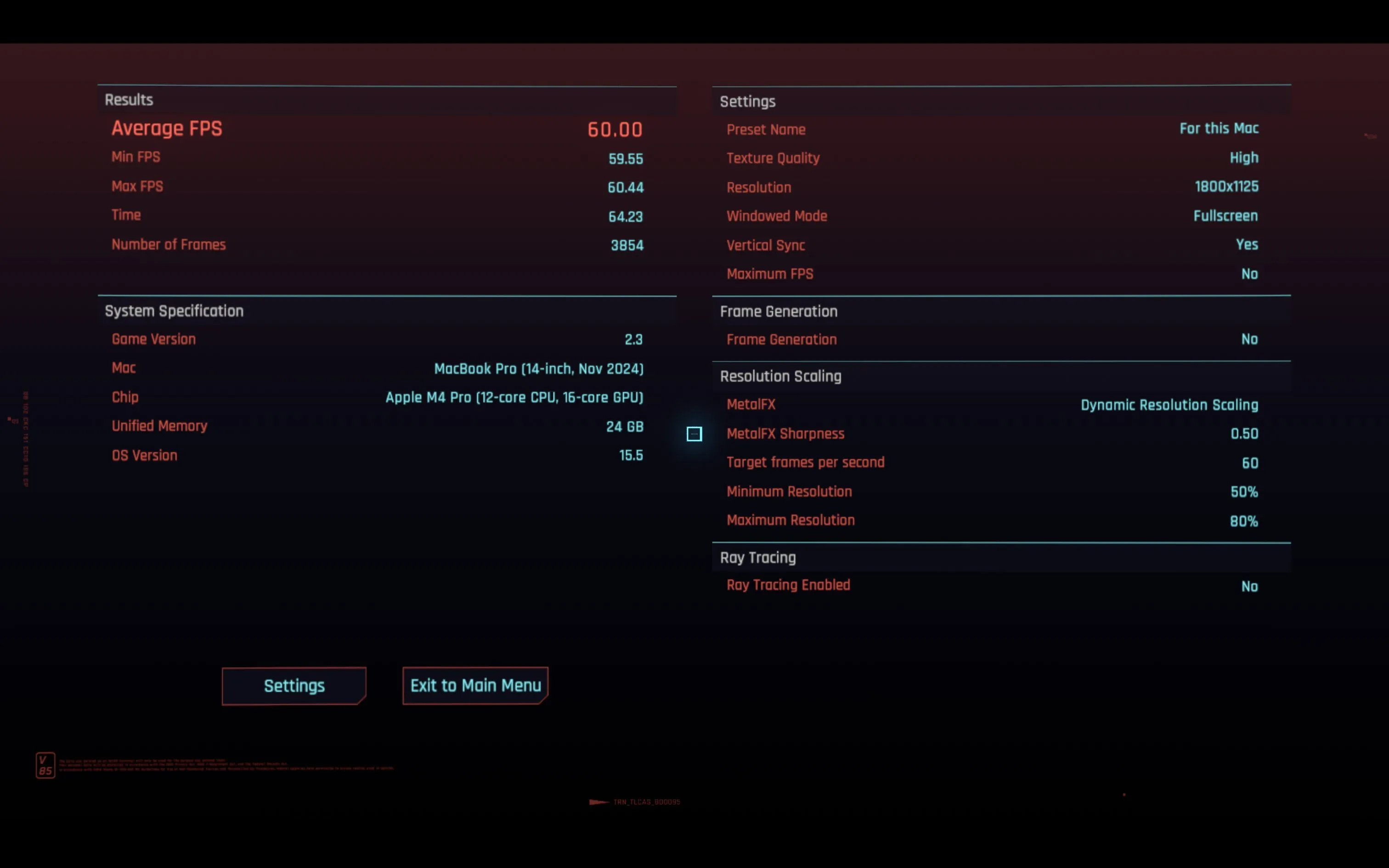 Kết quả benchmark hiệu năng Cyberpunk 2077 trên MacBook Pro M4 với preset &quot;For this Mac&quot;