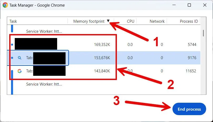 Kết thúc tiến trình của các tab Chrome đang chiếm nhiều bộ nhớ trong Task Manager trên Windows.