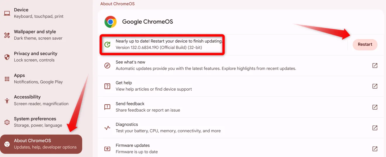 Khởi động lại Chromebook sau khi cài đặt bản cập nhật hệ điều hành ChromeOS mới nhất.