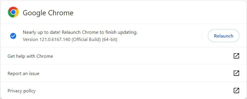 Khởi động lại trình duyệt Chrome để hoàn tất quá trình cập nhật và tối ưu hiệu suất.