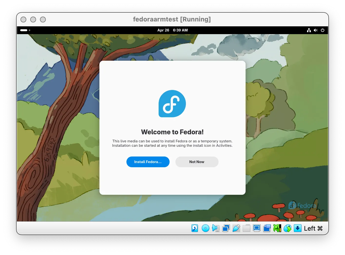 Khởi động phương tiện cài đặt Fedora trong VirtualBox trên Mac chip Apple Silicon