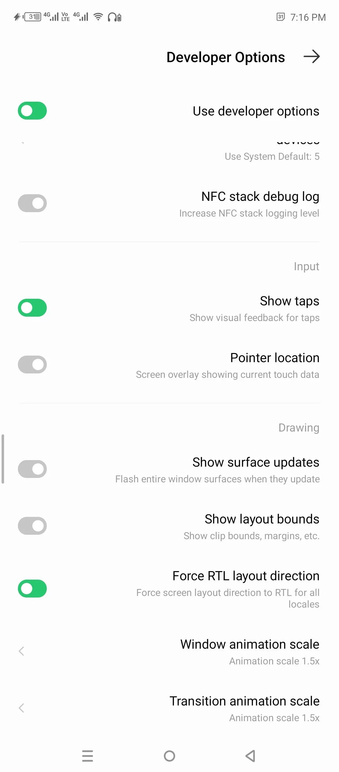 Kiểu bố cục RTL trong tùy chọn nhà phát triển Android.