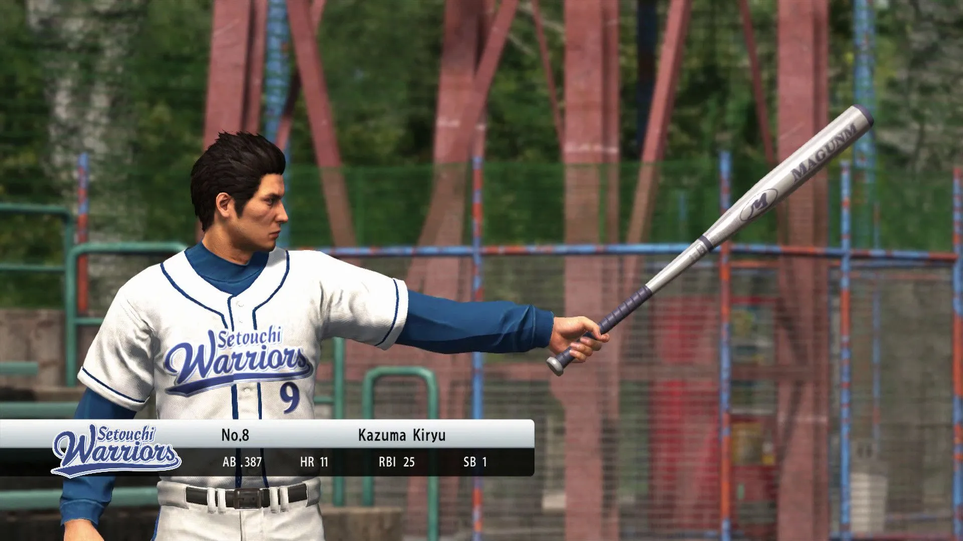 Kiryu chuẩn bị đánh bóng trong minigame bóng chày Yakuza 6