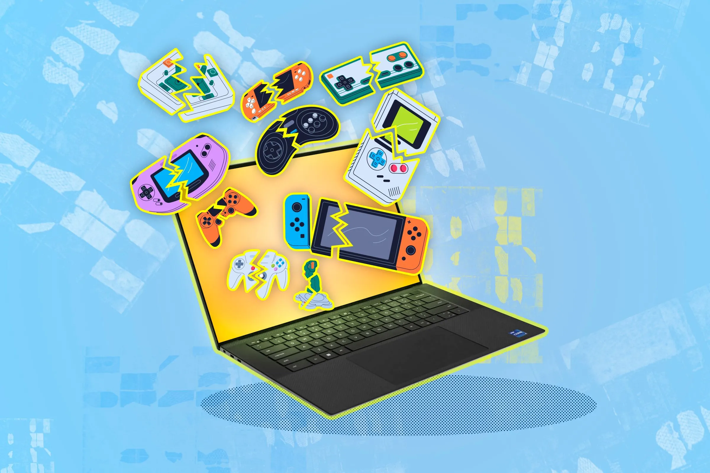 Laptop với nhiều tay cầm game hỏng, tượng trưng cho phần mềm giả lập game.