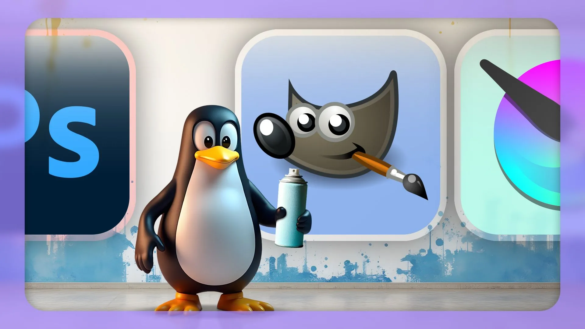 Linh vật Linux cầm bình xịt, logo Photoshop bên trái và logo GIMP bên phải.