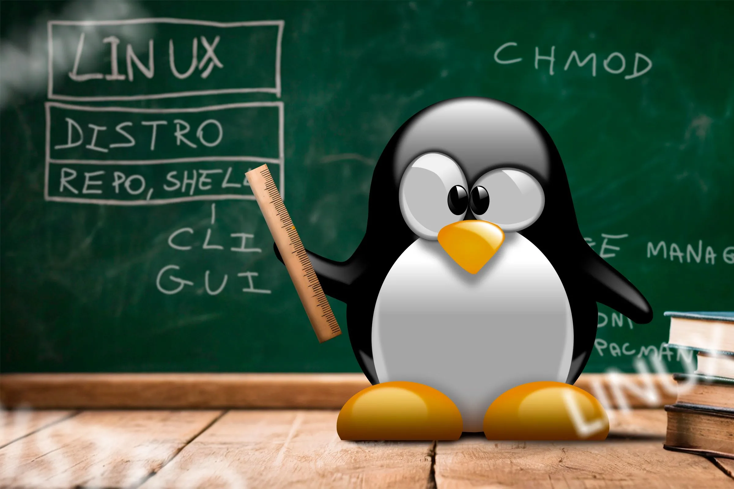 Linh vật Linux đứng trước bảng đen dạy một số thuật ngữ Linux.