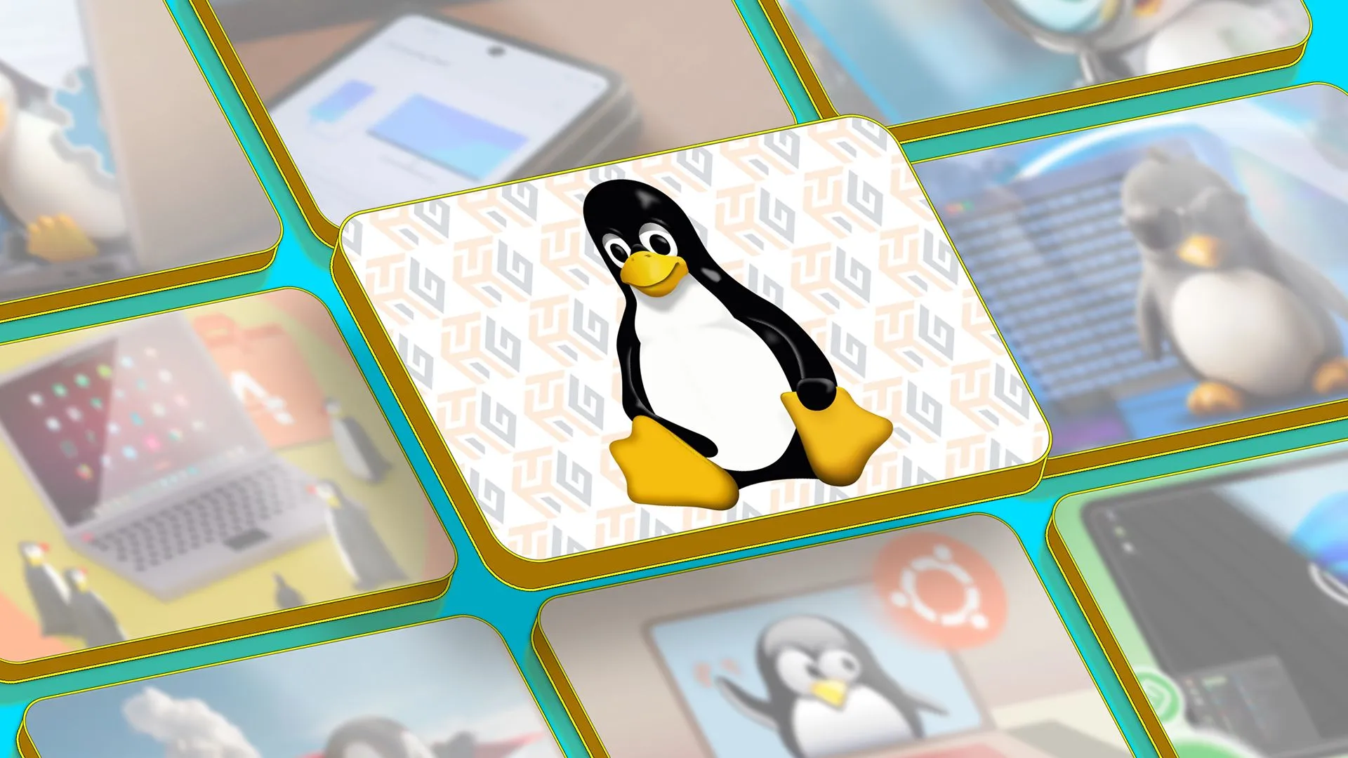 Linh vật Linux ở giữa màn hình với một số hình ảnh nổi bật của các bài viết bên cạnh.