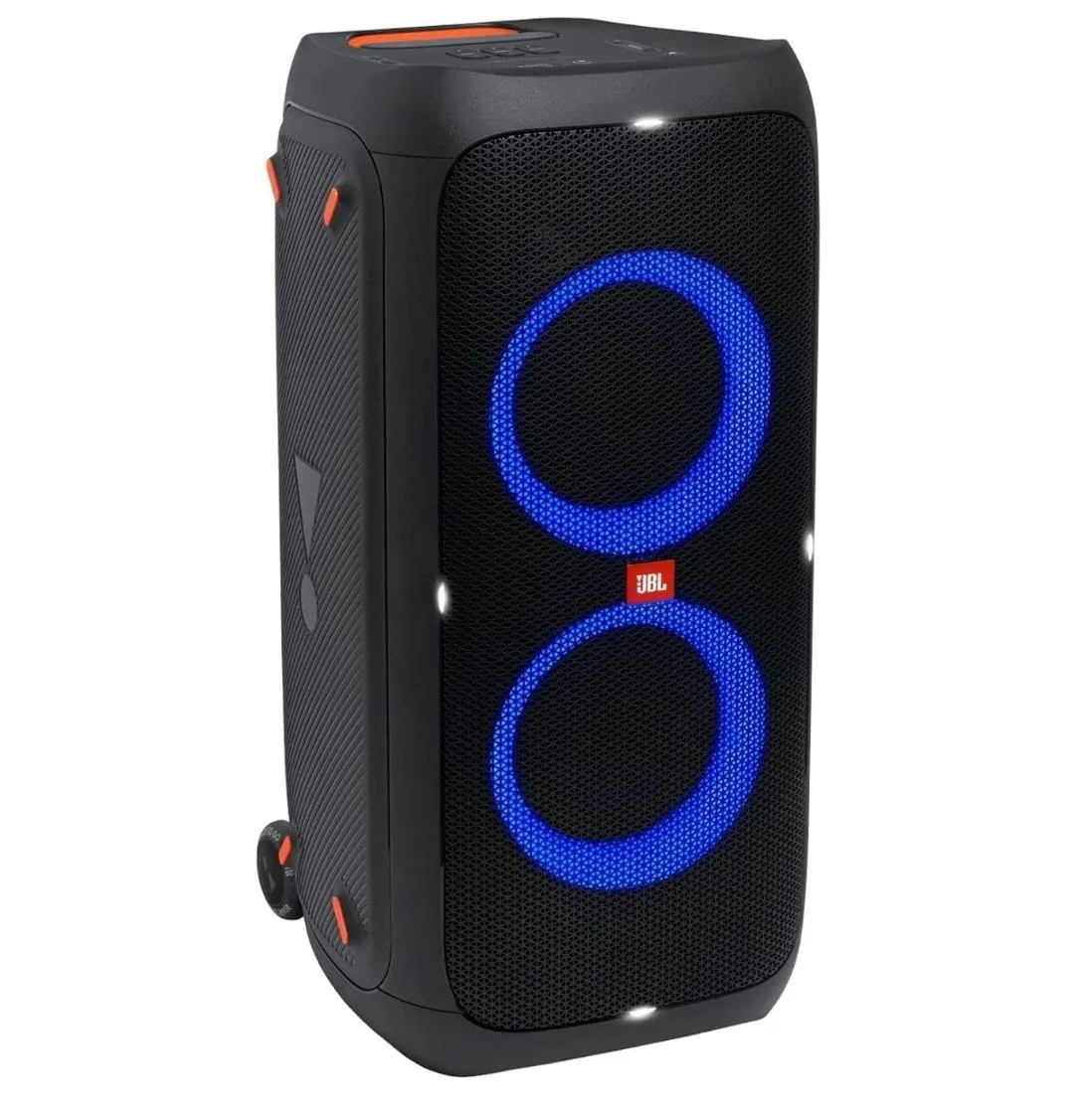 Loa tiệc tùng di động JBL Partybox 310 với đèn LED RGB sáng rực và tay cầm vali kéo, sẵn sàng cho mọi bữa tiệc.