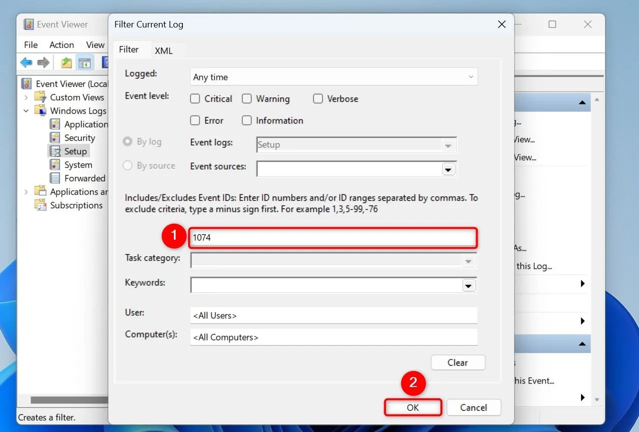 Lọc nhật ký Event Viewer bằng ID sự kiện 1074 để hiển thị các sự kiện khởi động lại máy tính Windows 11.