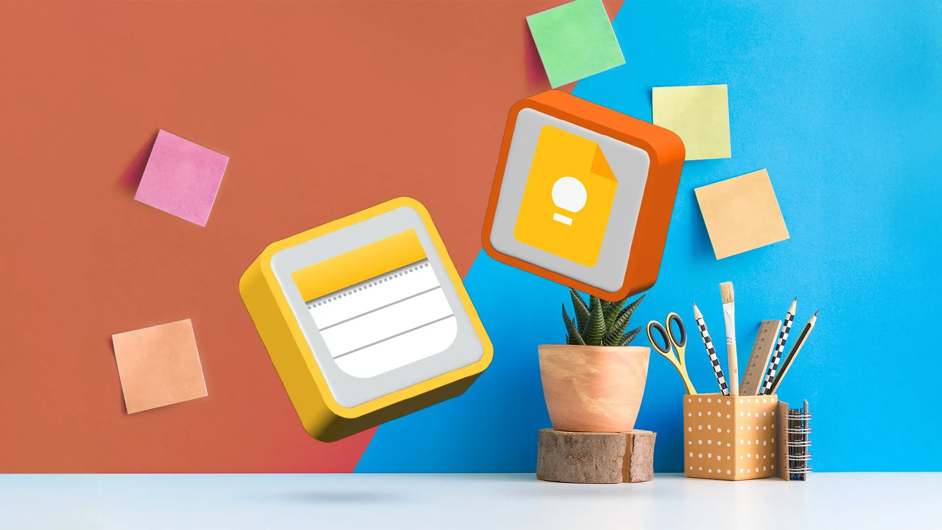 Logo Apple Notes bên cạnh logo Google Keep, với một vài ghi chú xuất hiện mờ ở nền, tượng trưng cho các ứng dụng ghi chú phổ biến.