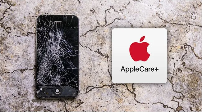 Logo AppleCare+ và một chiếc điện thoại iPhone bị nứt màn hình