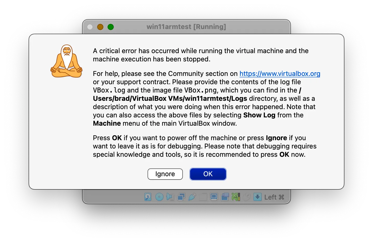 Lỗi nghiêm trọng khi khởi động Windows 11 trong VirtualBox trên Apple Silicon