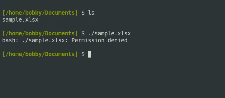 Lỗi &quot;Permission denied&quot; khi cố gắng chạy một file không có quyền thực thi trong terminal Linux.