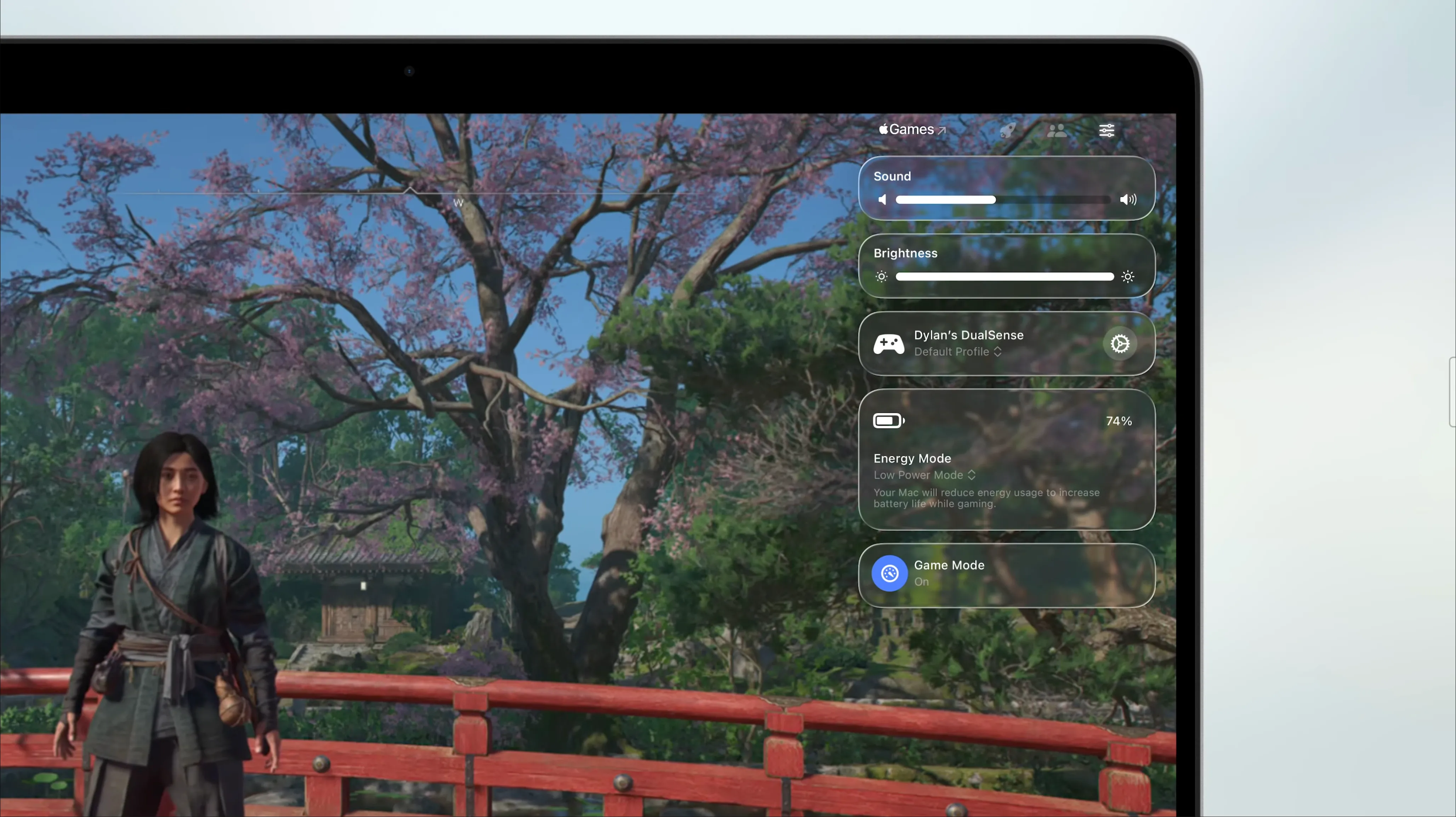 Lớp phủ Game overlay mới trên macOS 26 Tahoe, hiển thị các cài đặt hệ thống và tùy chọn giao tiếp nhanh chóng trong lúc chơi game.