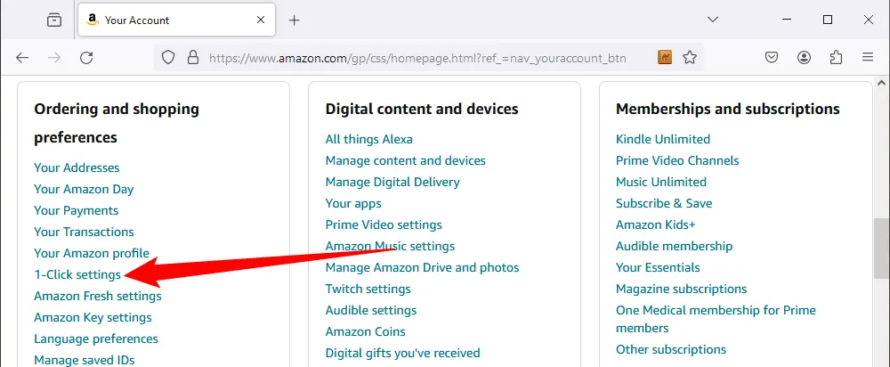 Lựa chọn &quot;Cài đặt 1-Click&quot; trong phần tùy chọn đặt hàng và mua sắm trên Amazon