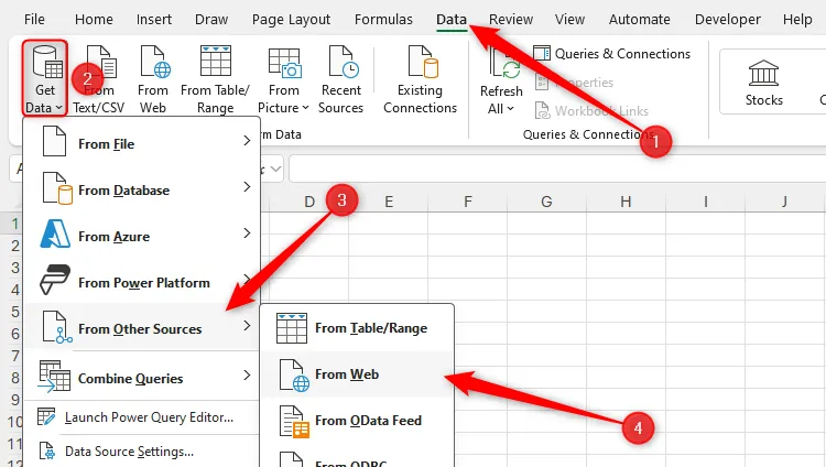 Lựa chọn "From Web" trong menu "Get Data" của Excel