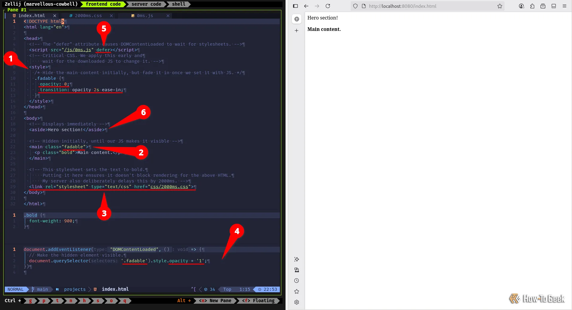 Mã HTML và hiển thị trang web minh họa cách triển khai Critical CSS, với các phần nội dung 'above the fold' và 'below the fold' được đánh dấu.