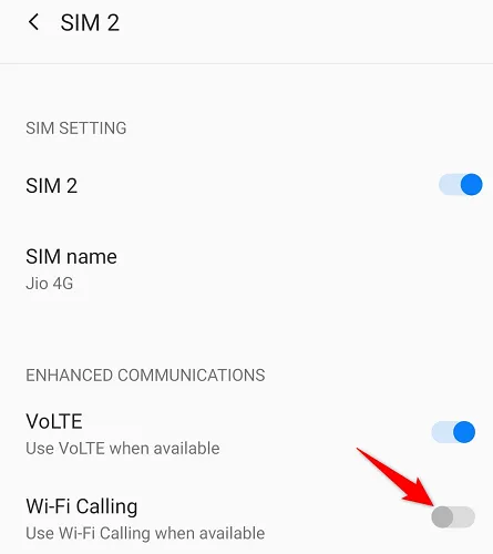 Màn hình cài đặt cho phép tắt hoặc bật Wi-Fi Calling trên điện thoại Android, thể hiện tính năng tích hợp sẵn.