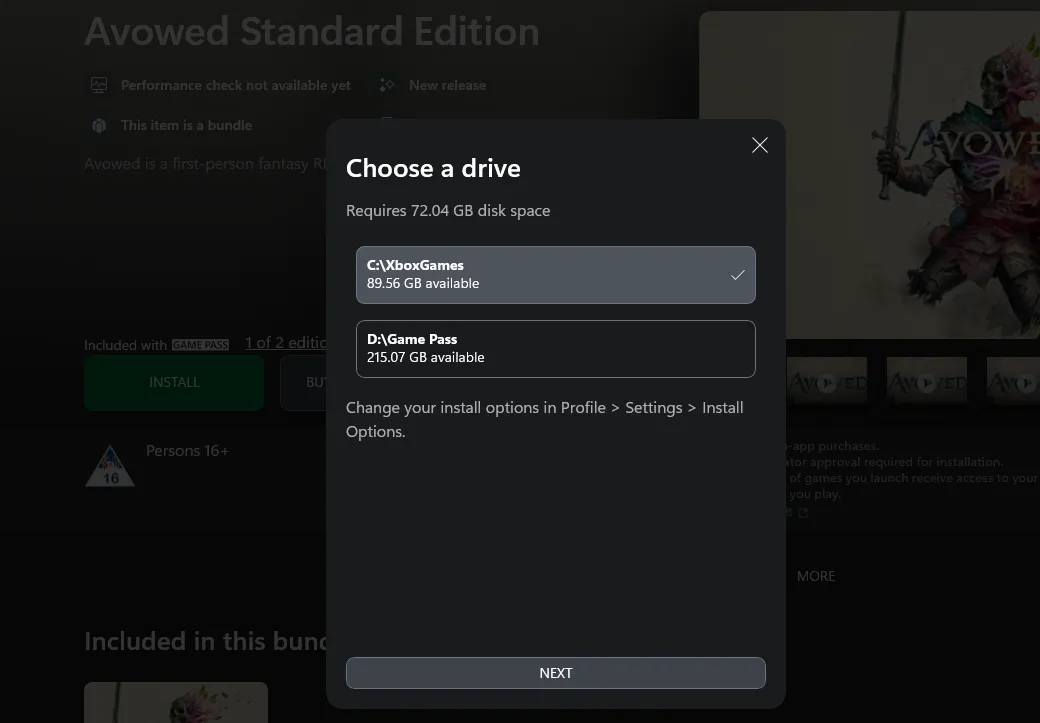 Màn hình cài đặt game Avowed thông qua ứng dụng Xbox trên PC Game Pass.