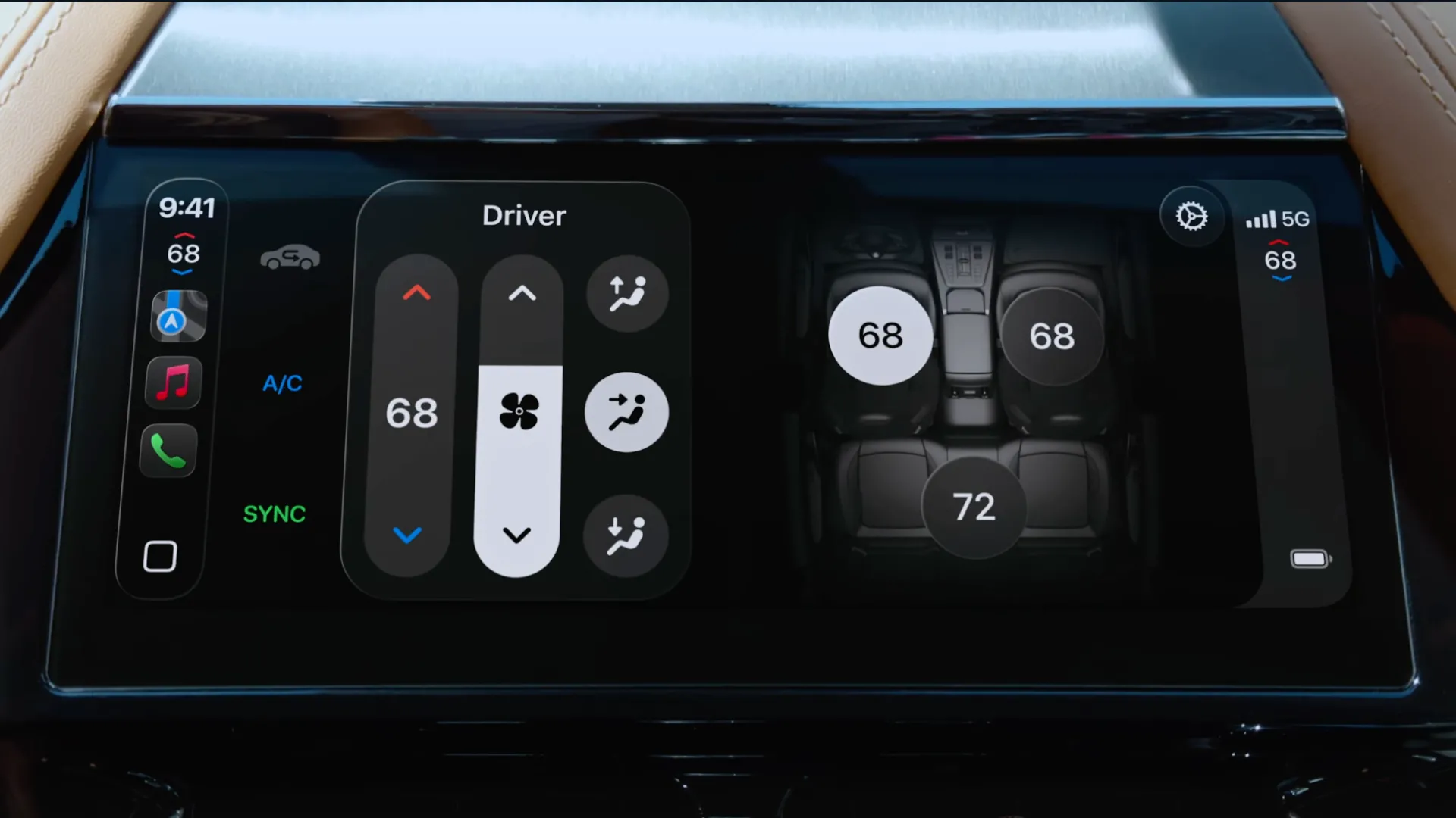 Màn hình CarPlay Ultra hiển thị các chức năng điều khiển xe quan trọng như hệ thống điều hòa và sưởi ghế, mang lại trải nghiệm tiện nghi.