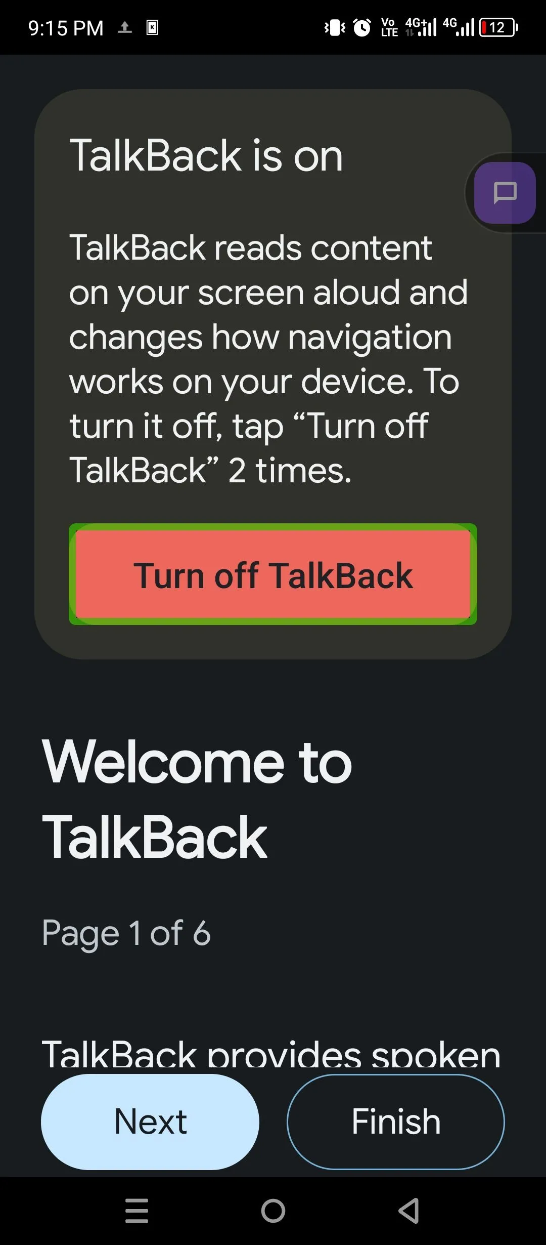Màn hình chào mừng của TalkBack trên Android