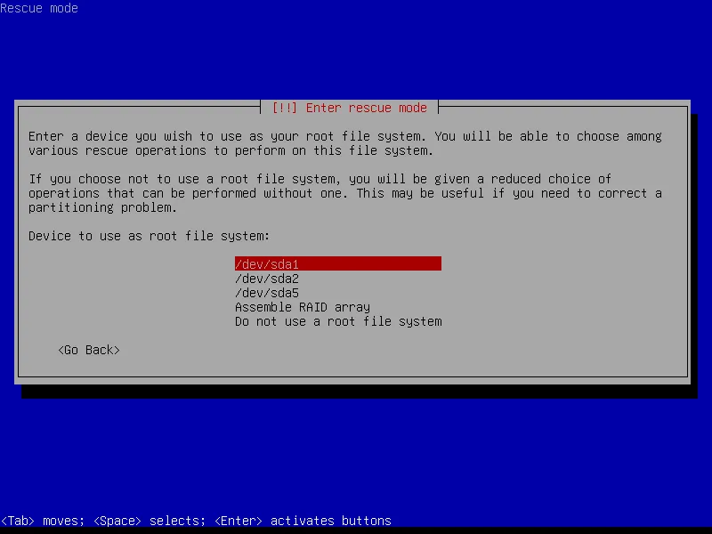 Màn hình chế độ khôi phục (rescue mode) của trình cài đặt Debian Linux.