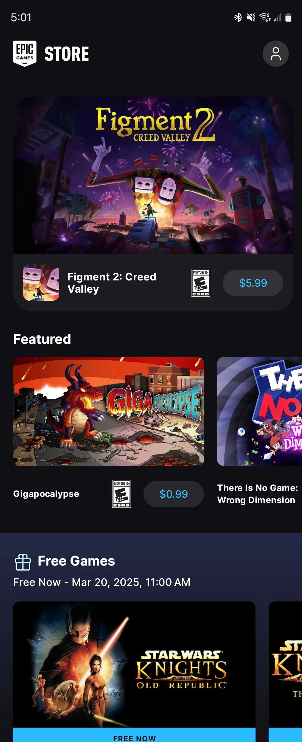 Màn hình chính của Epic Games Store trên Android.