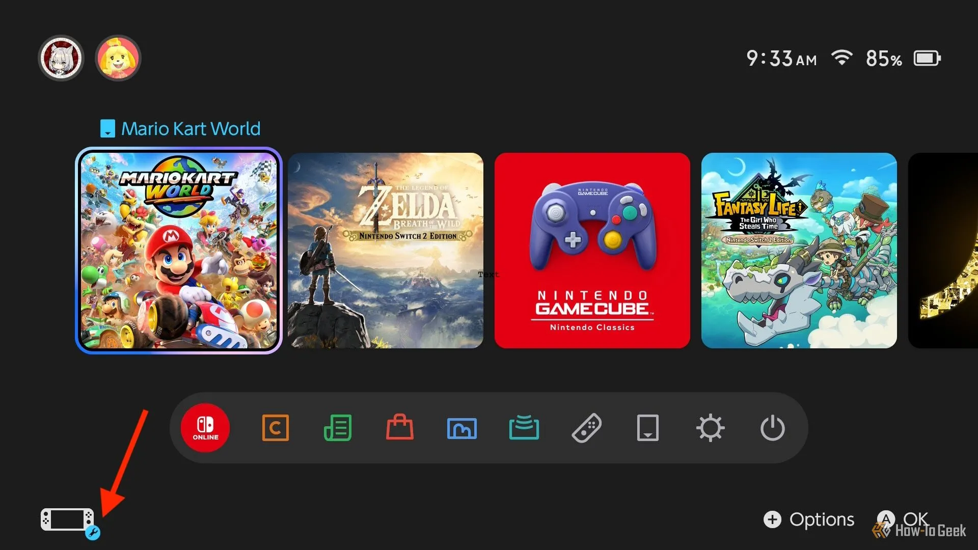 Màn hình chính của Nintendo Switch 2, hiển thị biểu tượng bánh răng dẫn đến cài đặt hệ thống.