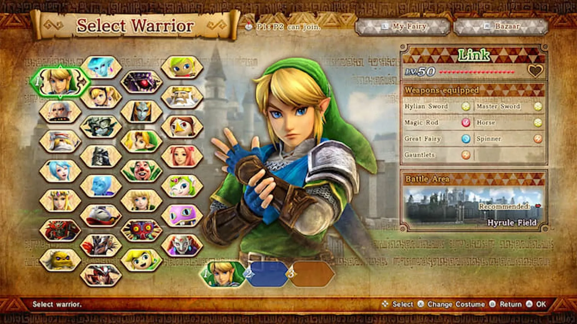 Màn hình chọn nhân vật trong Hyrule Warriors: Definitive Edition