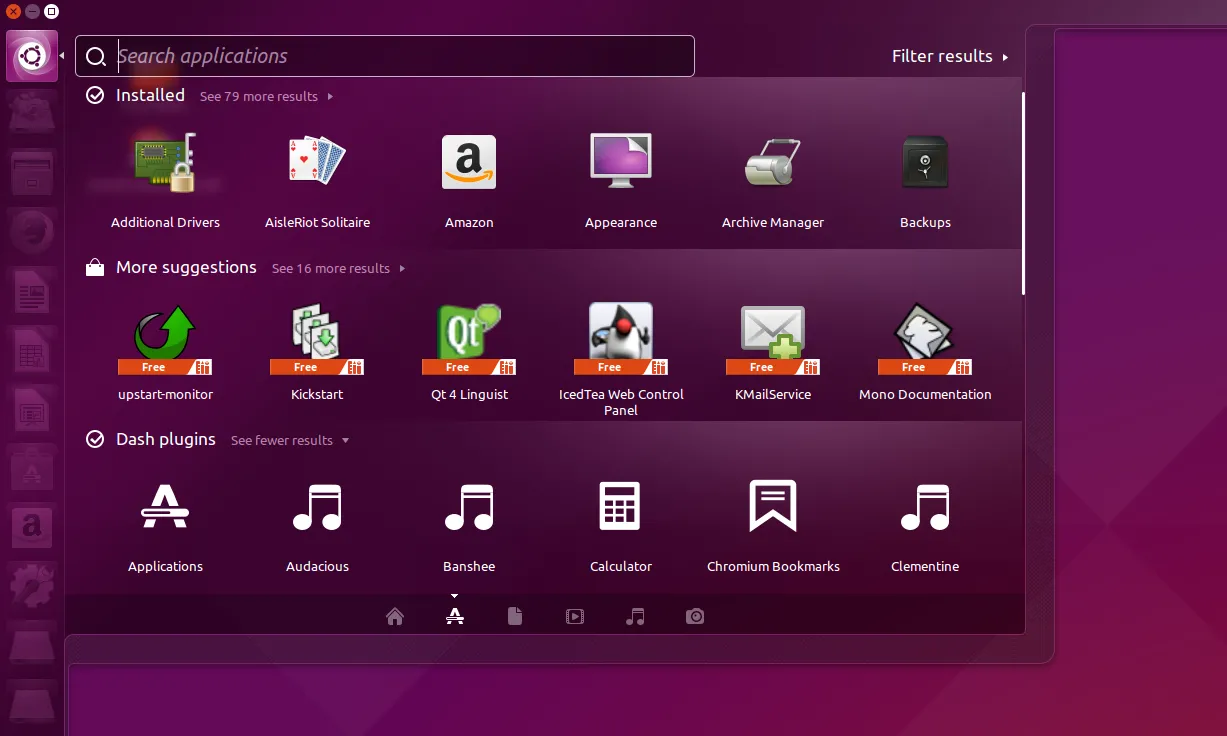 Màn hình Dash của Ubuntu 15.04 với thanh tìm kiếm và biểu tượng ứng dụng, gợi nhớ sự tích hợp Amazon trước đây