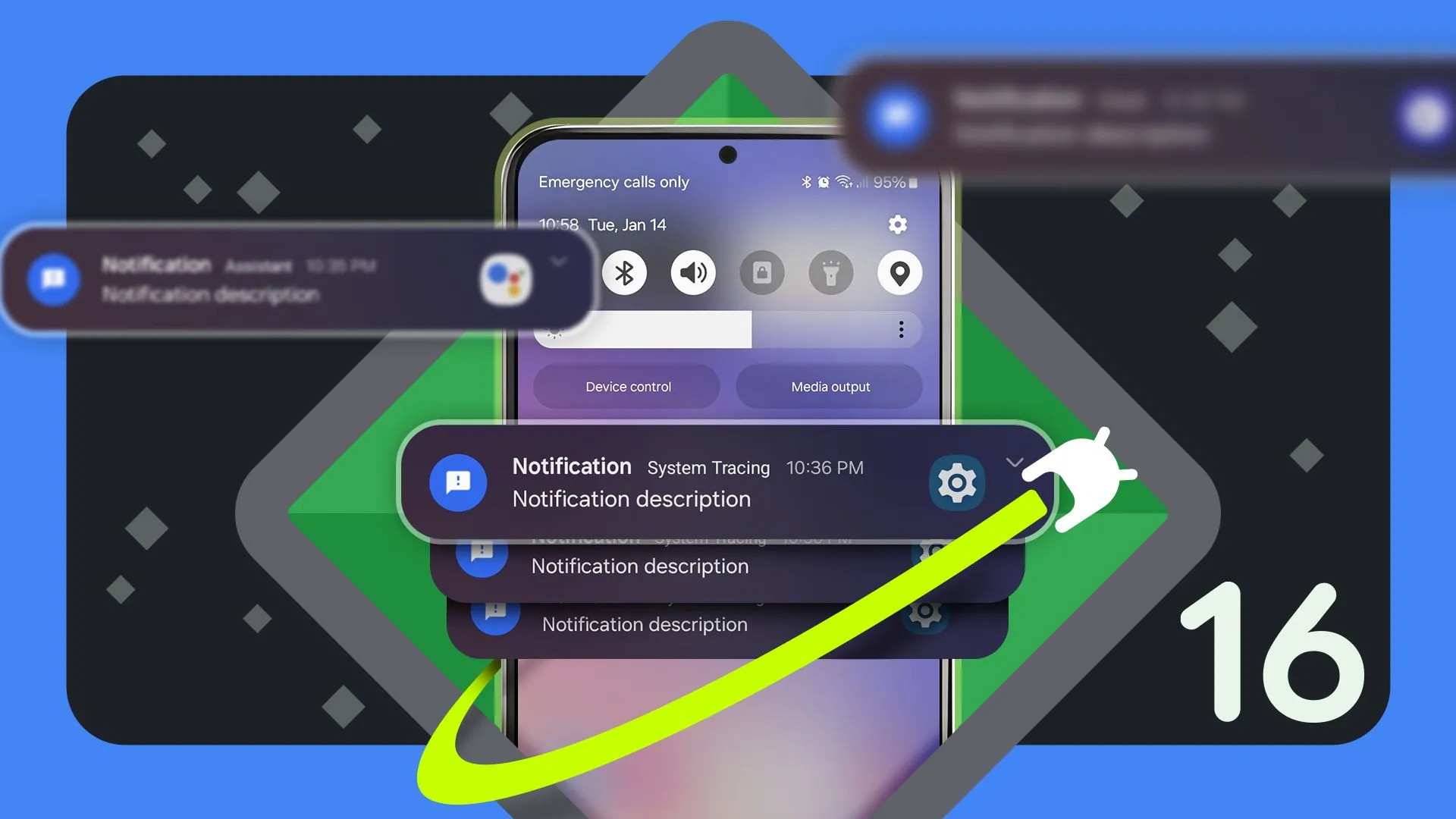 Màn hình điện thoại Android hiển thị lịch sử thông báo và biểu tượng Android 16.