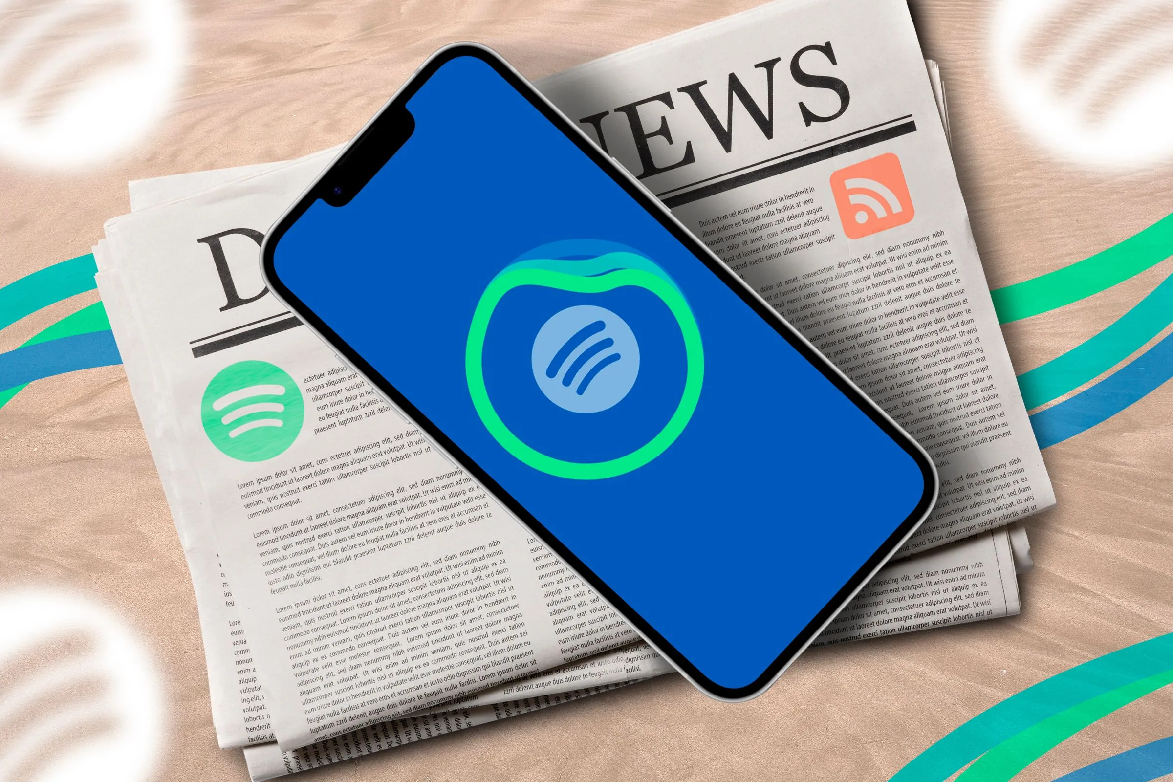 Màn hình điện thoại hiển thị ứng dụng Spotify AI DJ đặt trên một tờ báo