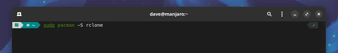 Màn hình dòng lệnh minh họa việc cài đặt rclone bằng pacman trên Manjaro.